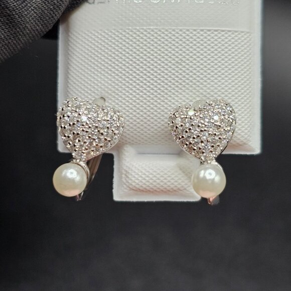 Sterling Silver 925 Rhodium Plated Heart Clear CZ Synthetic Pearl Hoop Earrings - Picture 6 of 12